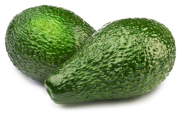 Group of two green avocados isolated on white background, with clipping path