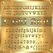 Vector gold coated alphabet letters, digits and punctuation on golden background