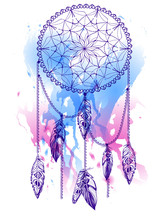 Handdrawn Dream Catcher With Watercolor Effect.