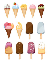 Sticker - Ice cream vector set. Sweet ice cream with chocolate, dessert ice cream vanilla with strawberry illustration