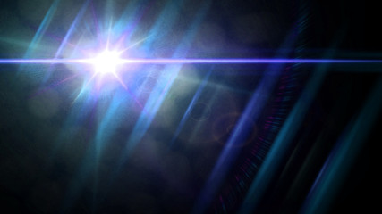 Wall Mural - bright white light on black background with blue lens flare and bokeh effect