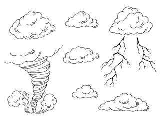 Clouds set graphic tornado lightning art black white isolated illustration vector