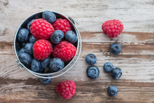 Blueberries And Raspberries In Basket