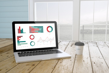 Canvas Print - laptop with graphics on screen with port background and coffee