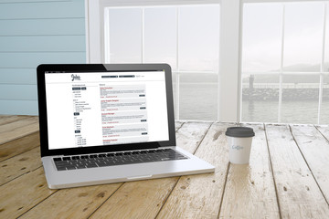 Wall Mural - laptop with job offers website on screen with port background an
