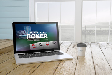 Wall Mural - laptop with poker online website on screen with port background