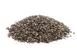 Pile of chia seeds close up on a white background
