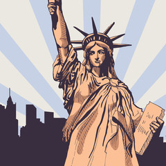 Wall Mural - Statue of Liberty with cityscape vector