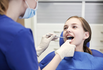 Wall Mural - female dentist checking patient girl teeth