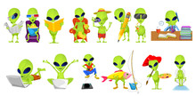 Vector Set Of Green Aliens Hobby Illustrations.