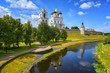 Pskov Kremlin reflecting in a river, Pskov, Russia