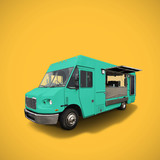 Fototapeta Maki - blue fast food truck on warm yellow background, template with copy space, clipping path