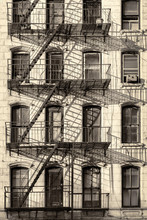 Typical Old New York City Building With Fire Escape Ladders (antique Look Processed)