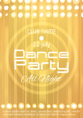 Wall Mural - Dance party poster with place for text. Dance Party Flyer in golden colors. Gold retro background. Vector Illustration