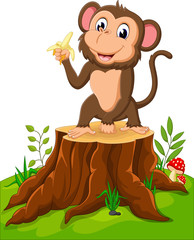 Wall Mural - Cartoon funny monkey holding banana on tree stump