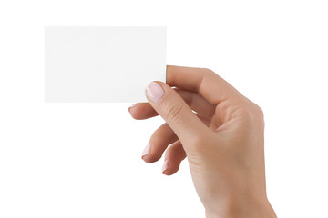 Business card in female hand isolated at white background.