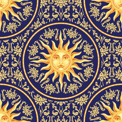 Celestial baroque seamless pattern with sun face