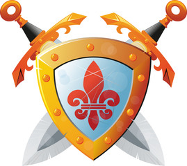 Wall Mural - Beautiful knight shield with two crossed swords on white background