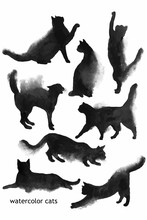 Hand Drawn Watercolor Black Cats Shapes Collection