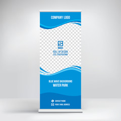 roll up banner stand design for water park, blue wave background, vector