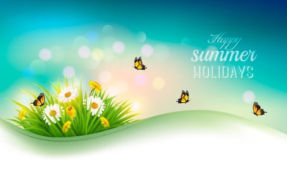 Poster - Happy summer holidays background with flowers, grass and butterf