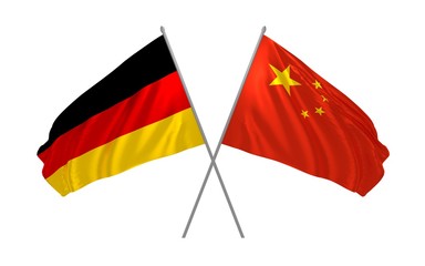 Wall Mural - 3d illustration of Germany and China flags together waving in the wind