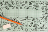 Fototapeta Mapy - Education sketch design on notebook with copy space. Education concept thinking doodles icons set. School background of education icons set.