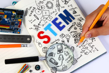 STEM Education. Science Technology Engineering Mathematics. STEM Concept With Drawing Background. Magnifying Glass Over Education Background.