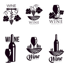 Set Of Elegant Wine Logo Templates, Vector Illustration Isolated On White Background. Vintage Style Wine Badges And Labels. Black And White Logo Templates For Your Design