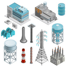 Industrial Buildings Isometric Icons Set 
