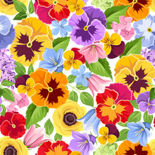 Vector Seamless Background With Colorful Pansy, Harebell And Hydrangea Flowers.