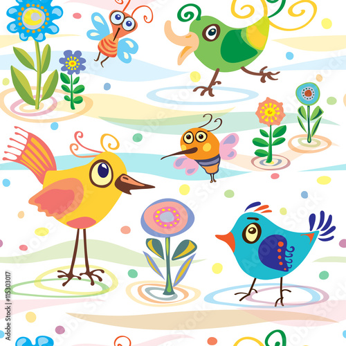 Obraz w ramie birds, summer, spring, pattern with birds, bees and butterflies