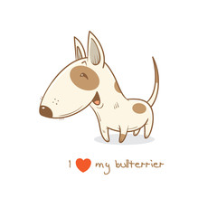  Card with cute cartoon dog breed  bull terrier. Children's illustration. Little puppy. Funny baby animal. Vector image.
