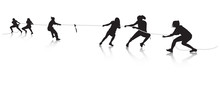Young Females Pulling A Rope In Tug Of War With Reflection