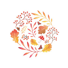Set Of Autumn Nature Watercolor Elements