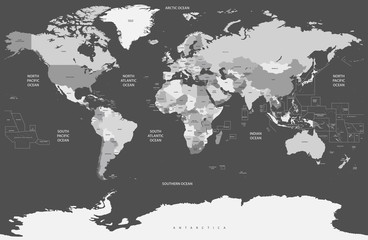 Wall Mural - political world map in grey scales color palette. vector illustration