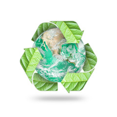 Wall Mural - Recycle arrow symbol eco leaves protecting green planet: Reduce reuse recycle csr symbolic icon: Element of the image furnished by NASA