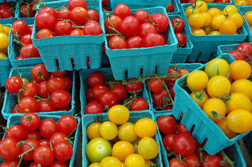 Wall Mural - Red and yellow cherry tomatoes in blue containers on display