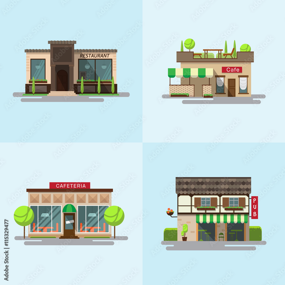 Vector set of detailed flat design city public buildings. Restaurants ...