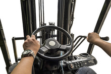 Hand Touching Steering Wheel Control And Cabin Forklift Truck With Levers