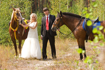 Canvas Print - Bride and groom with horses