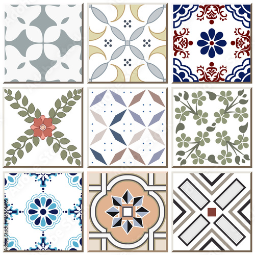 Naklejka - mata magnetyczna na lodówkę Vintage retro ceramic tile pattern set collection 037
