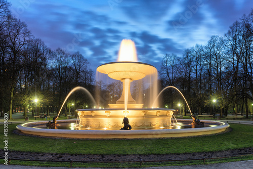 Plakat Warszawa nocą, widok na park z fontanną. Długa ekspozycja