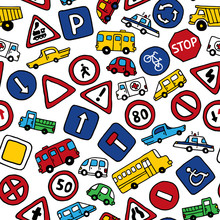 Seamless Pattern Of Doodles Road Signs And Cars.