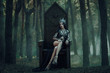 dark evil queen sitting on a luxurious throne, wild Princess , vampire , hip toning , creative color,dark boho