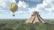 Maya temple and fantasy hot air balloon