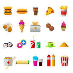 Wall Mural - Vector food icons sweet fast food elements. Food icons restaurant bread dinner menu. Cake design food icons kitchen beverage dinner and sweet dessert rolls, croissants. Unhealthy fast food.