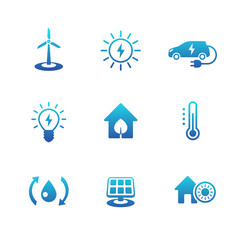 Poster - Green ecologic house, ecofriendly, energy saving technologies, blue icons