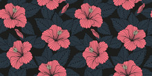 Hibiscus Flowers Seamless Pattern In Dark Gray, Black, And Pink