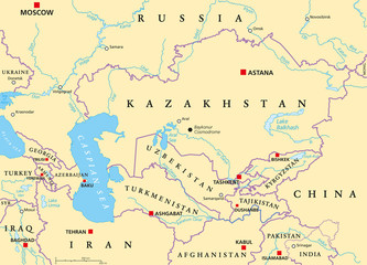 caucasus and central asia political map with countries, their capitals, national borders, important 